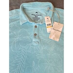 NWT TOMMY BAHAMA Poolside Hibiscus Terry Cloth Polo Shirt Medium Light Blue